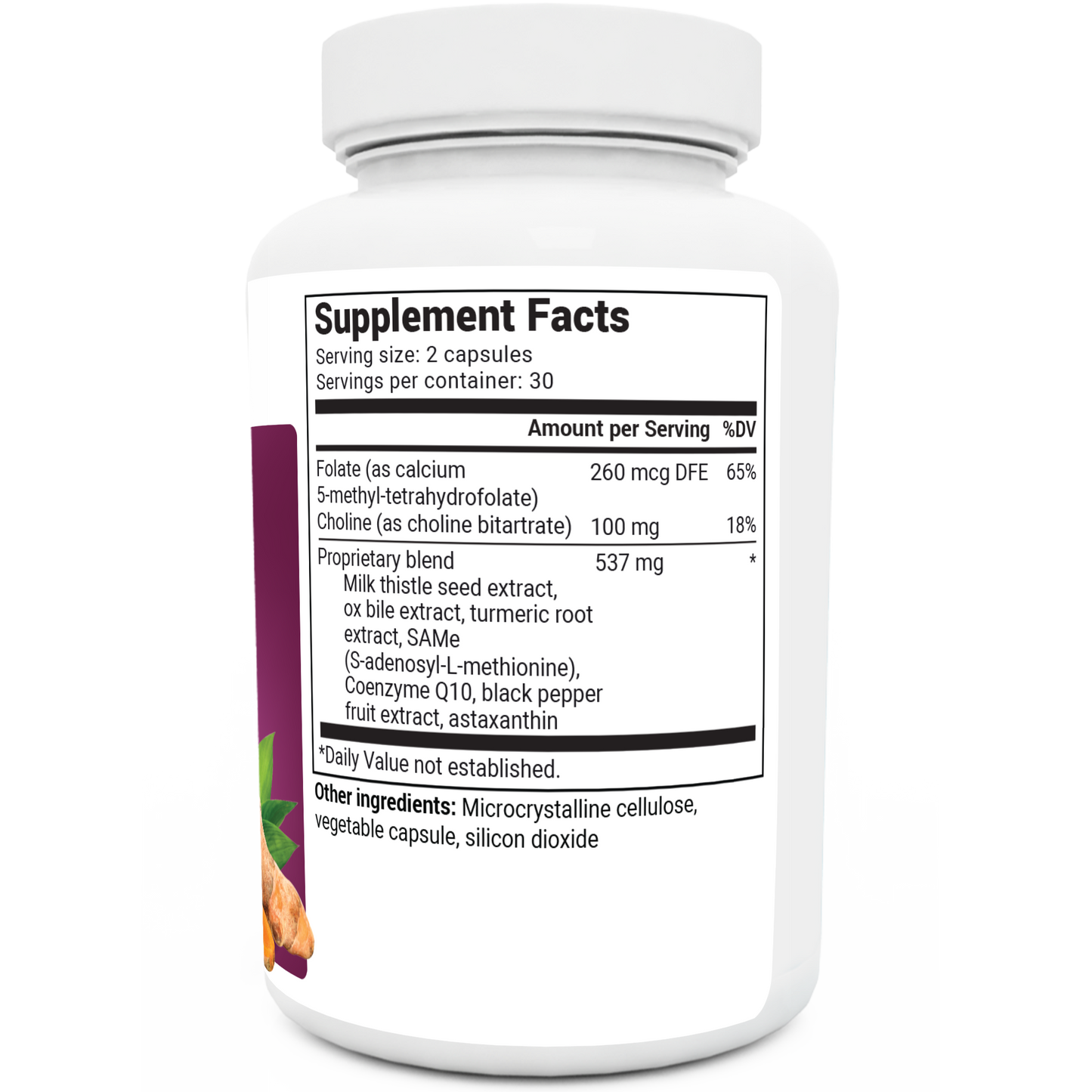 Liver Cleanse Detox Support bottle label, right side view, supplement facts.