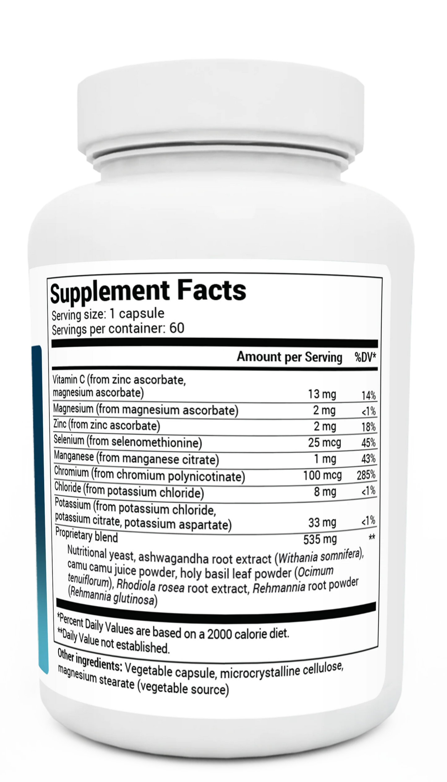 Adrenal and Cortisol Support bottle label, right side view, supplement facts.