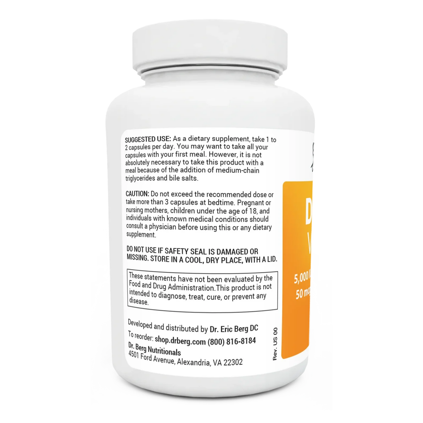 D3 and K2 Vitamin 5,000 IU bottle label, left side view, suggested use instructions, safety warning details.