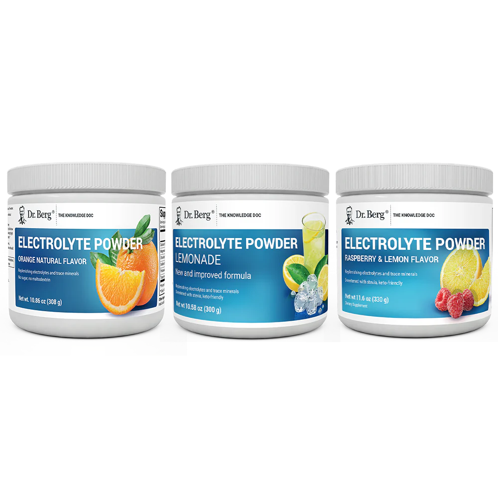 Dr. Berg's Electrolyte Bundle: 3 supplement bottles.