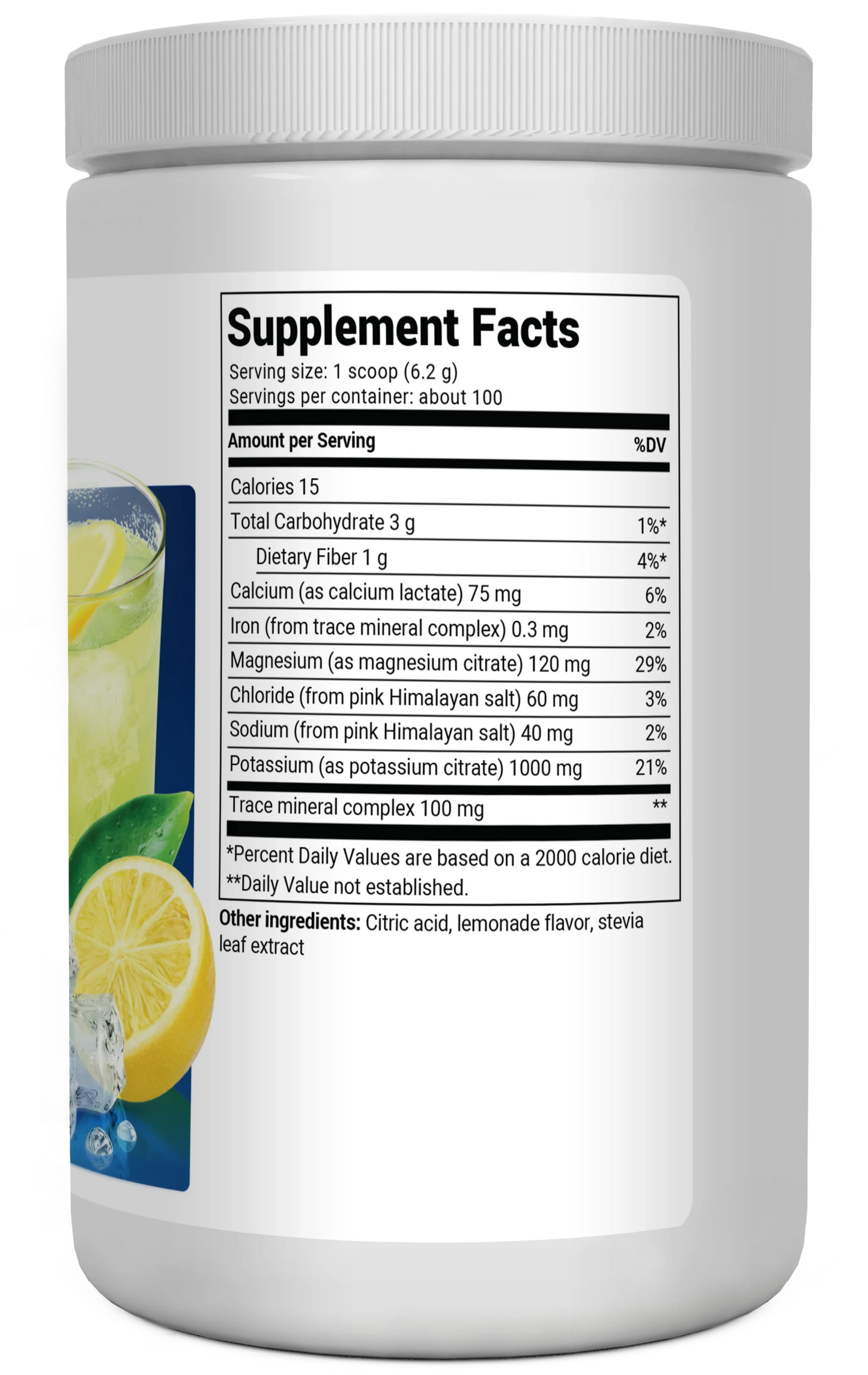 Electrolyte Powder, Lemonade Flavor 100 Servings bottle label, right side view, supplement facts.