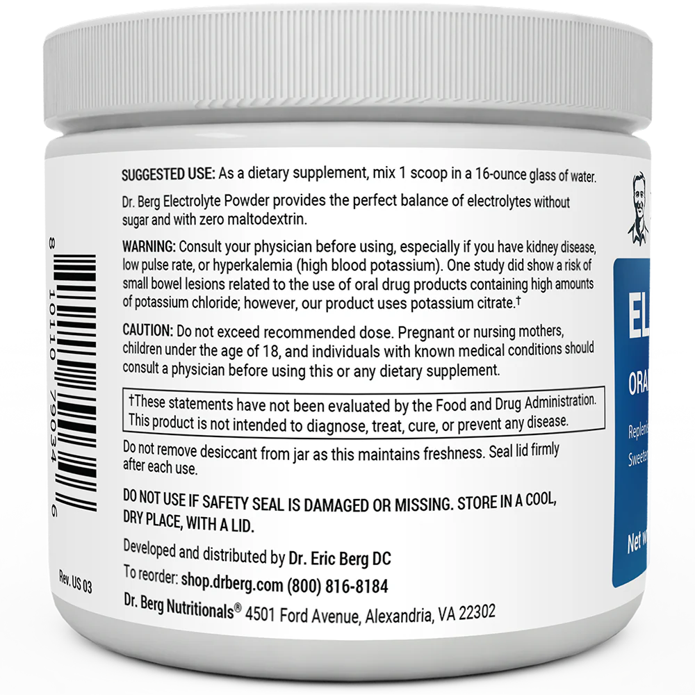 Electrolyte Powder, Orange Flavor bottle label, left side view, suggested use instructions, safety warning details.