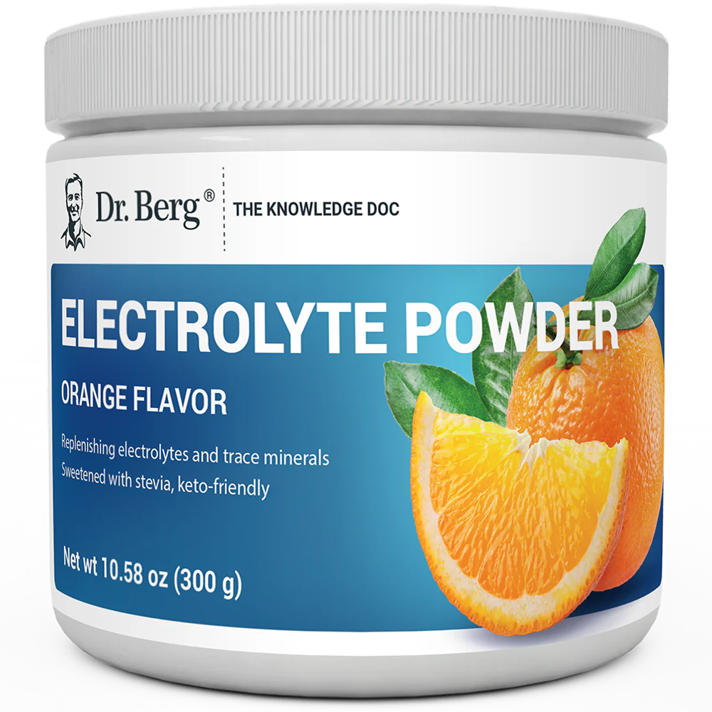 Electrolyte Powder, Orange Flavor, 50 Servings, 10.58 ounces, front view, bottle with Dr. Berg branding and an orange slice on the cover.