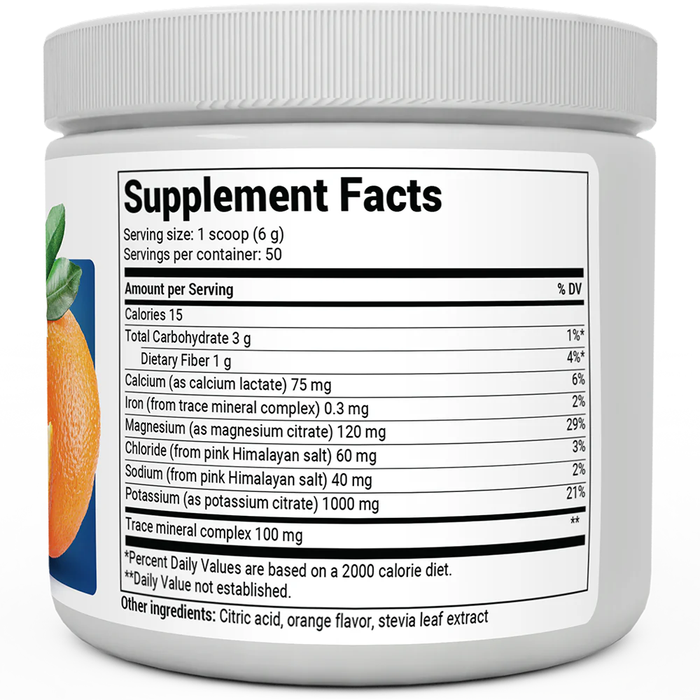 Electrolyte Powder, Orange Flavor bottle label, right side view, supplement facts.