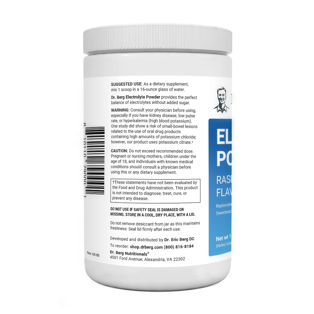 Electrolyte Powder, Raspberry and Lemon Flavor 100 Servings bottle label, left side view, suggested use instructions, safety warning details.