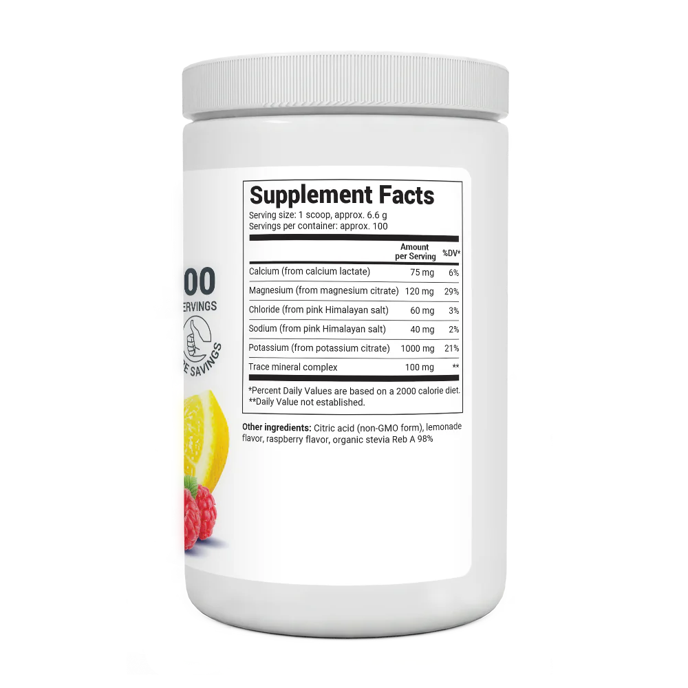 Electrolyte Powder, Raspberry and Lemon Flavor 100 Servings bottle label, right side view, supplement facts.