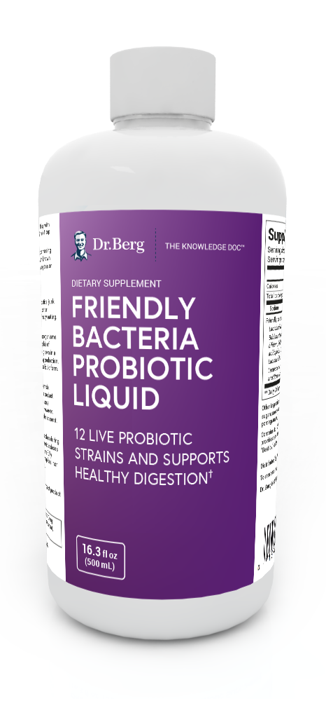 Friendly Bacteria Probiotic Liquid, 16.3 fluid ounces, front view, bottle with Dr. Berg branding.