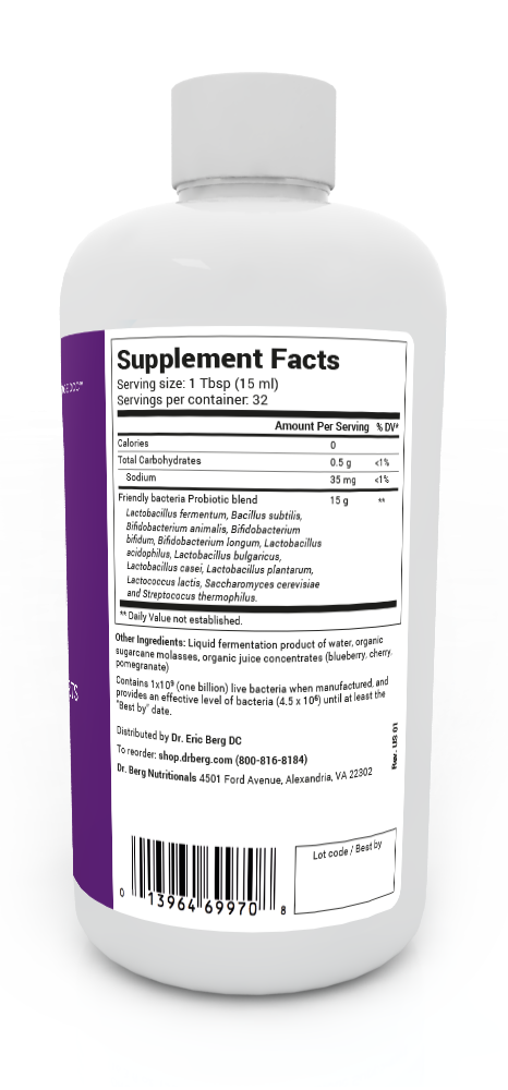 Friendly Bacteria Probiotic Liquid bottle label, right side view, supplement facts.