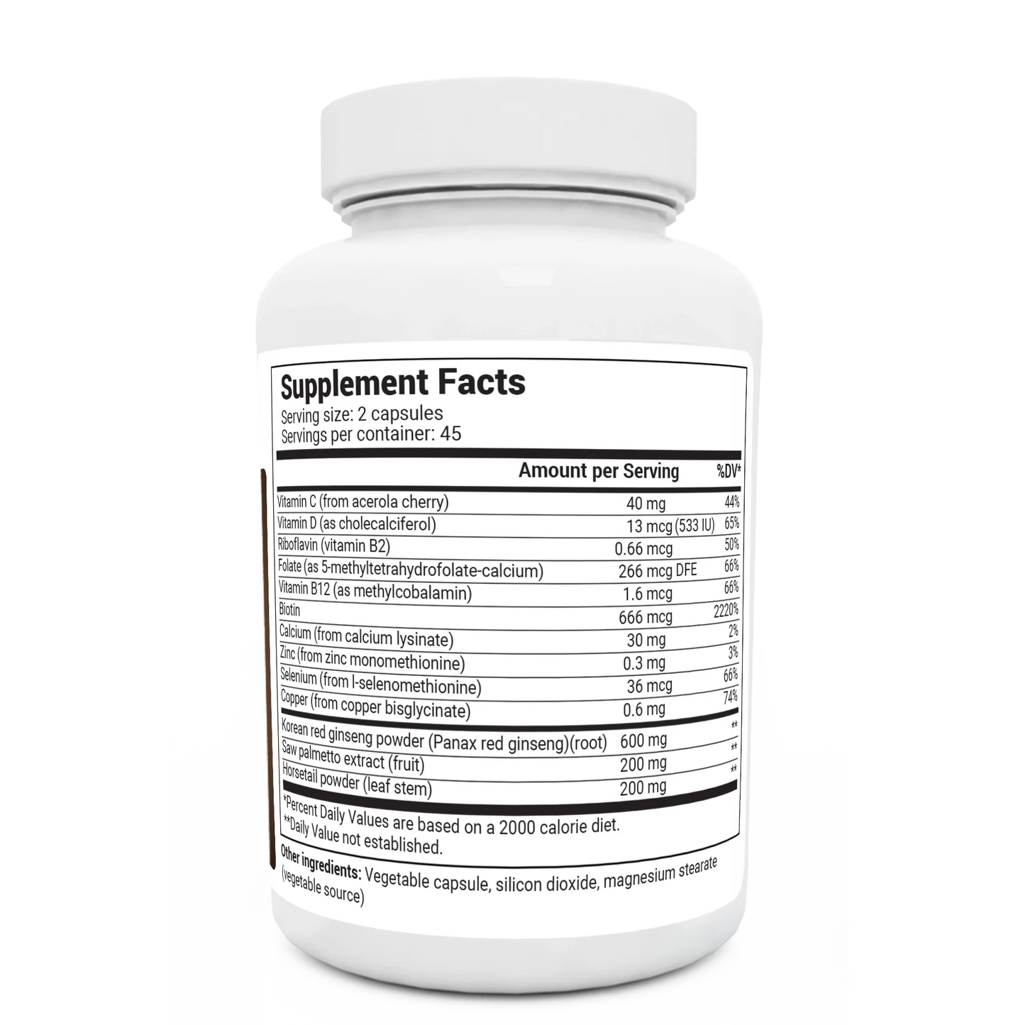 Hair Formula bottle label, right side view, supplement facts.