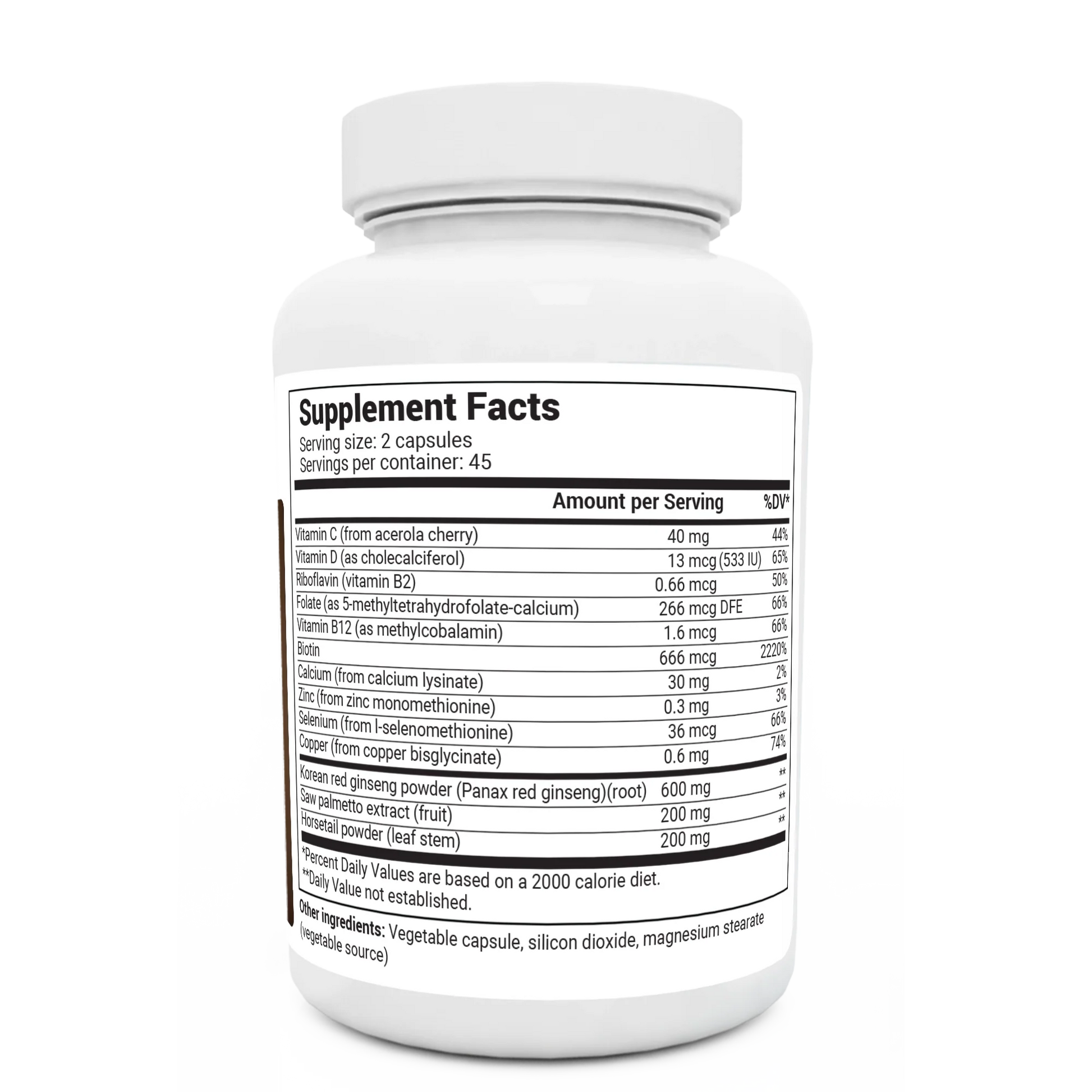 Hair Formula bottle label, right side view, supplement facts.