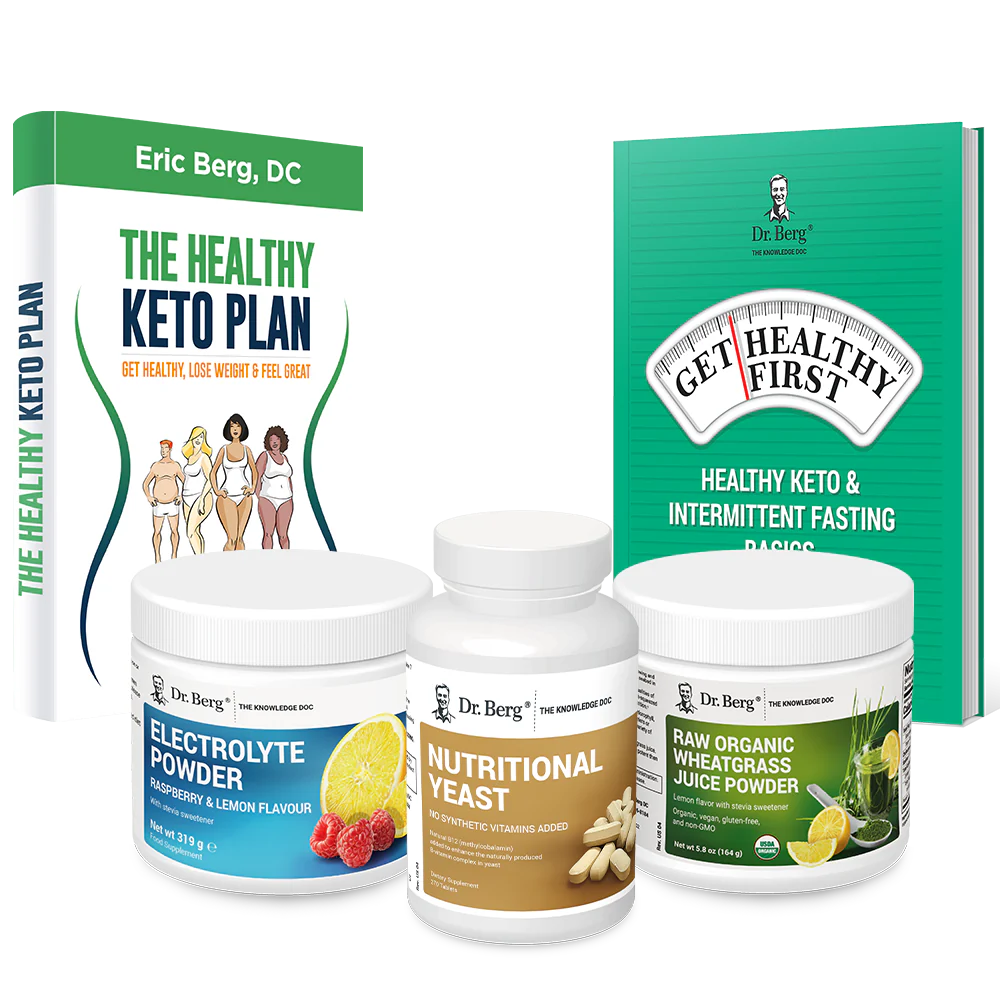 Dr. Berg's Keto Kit: 2 books and 3 supplement bottles.