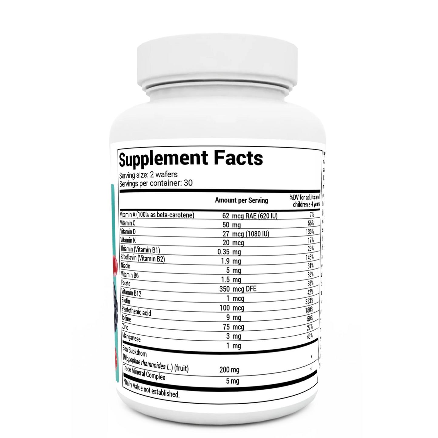 Kids Multivitamin bottle label, right side, center of label, supplement facts.