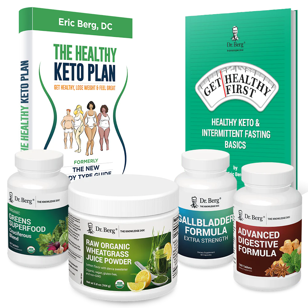 Dr. Berg's Liver Body Type Package: 2 books and 4 supplement bottles.