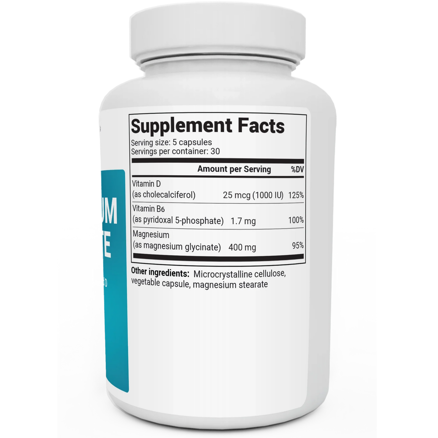 Magnesium Glycinate bottle label, right side view, supplement facts.
