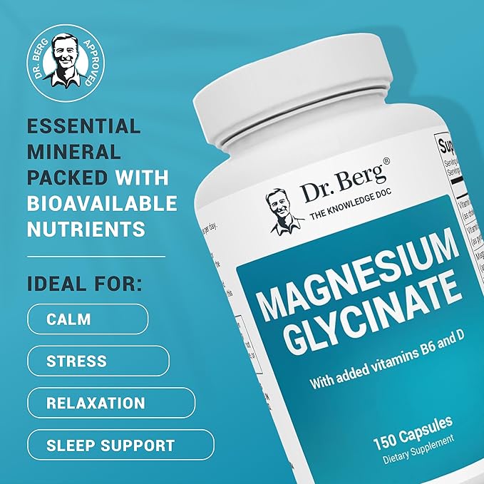 Magnesium Glycinate product bottle with text: Essential minerals with bioavailable nutrients. Ideal for calm, stress, relaxation, and sleep support.