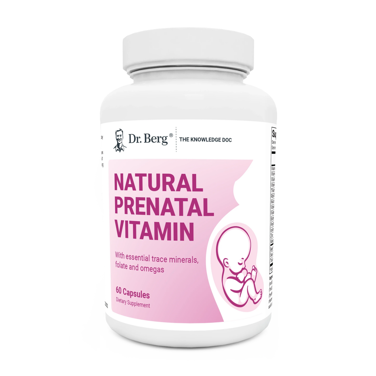 Natural Prenatal Vitamin, 60 tablets, front view, bottle with Dr. Berg branding and baby in womb on cover.