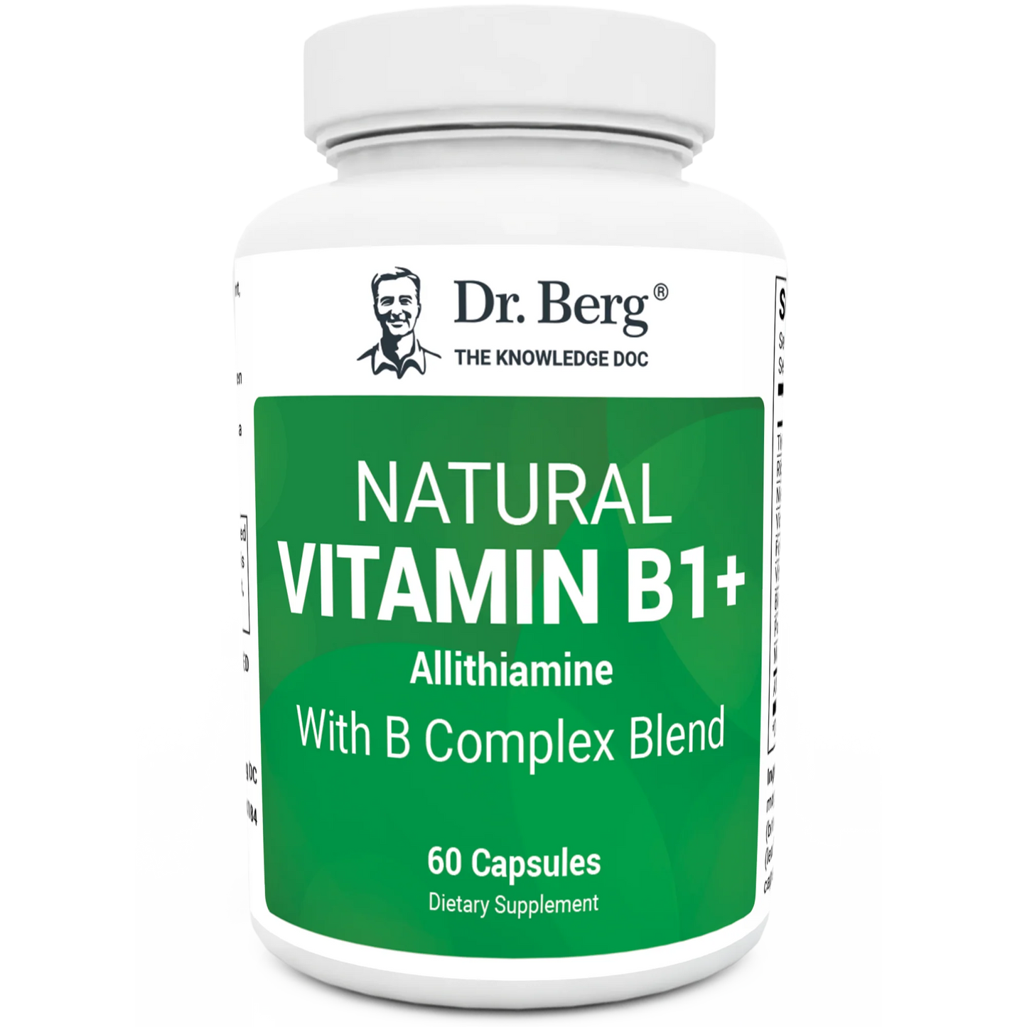 Natural Vitamin B1+, 60 capsules, front view, bottle with Dr. Berg branding.