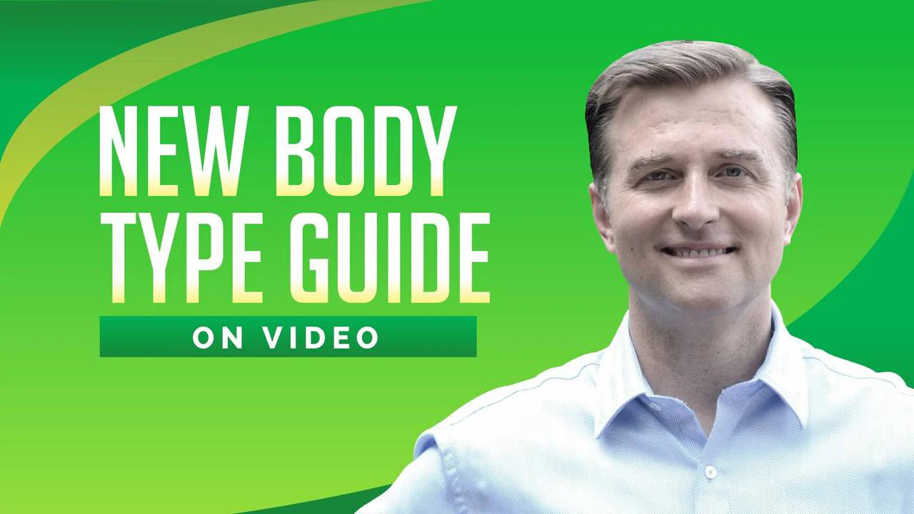 Dr. Berg stands confidently, smiling beside text: 'New Body Type Guide On Video'.