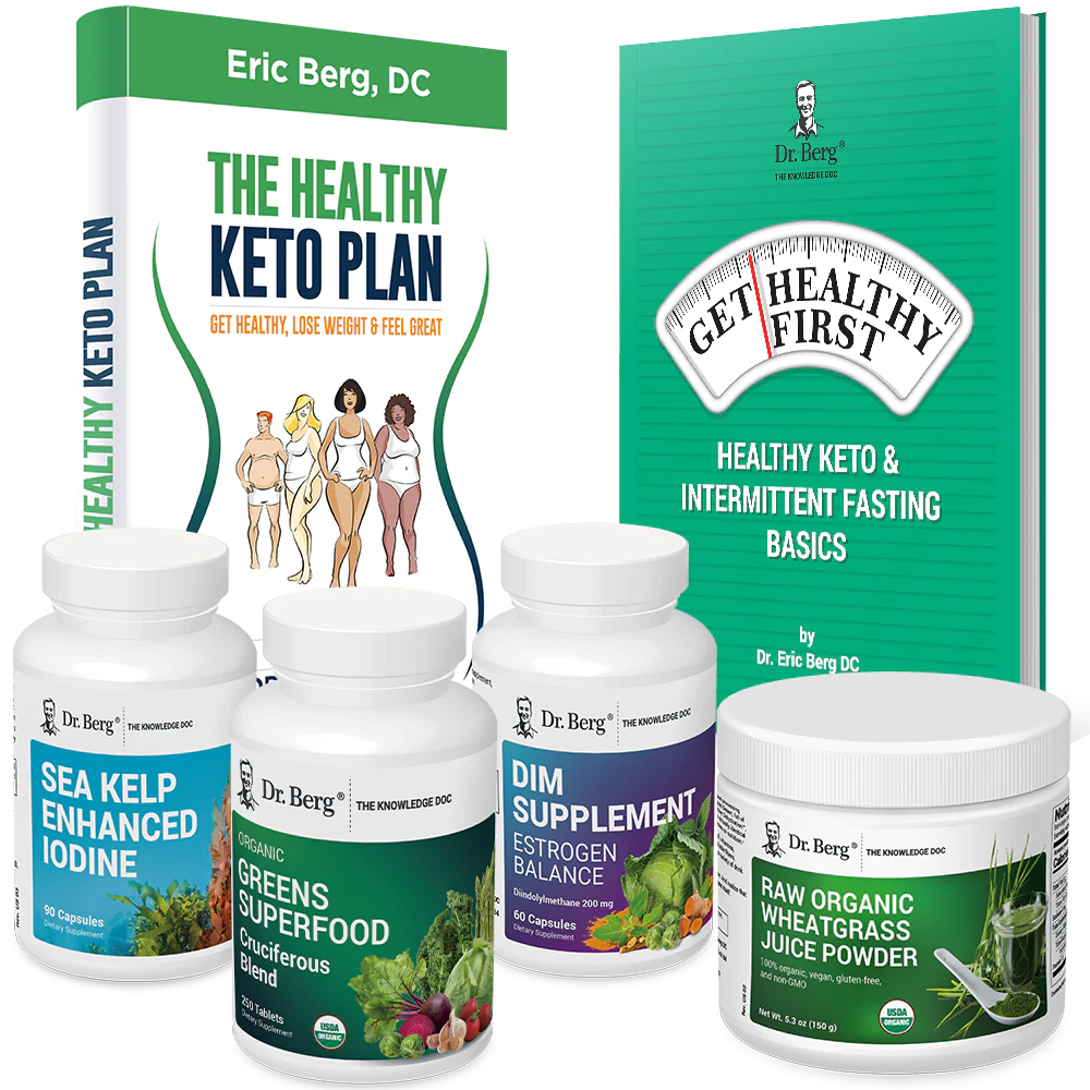 Dr. Berg's Ovary Body Type Package: 2 books and 4 supplement bottles.