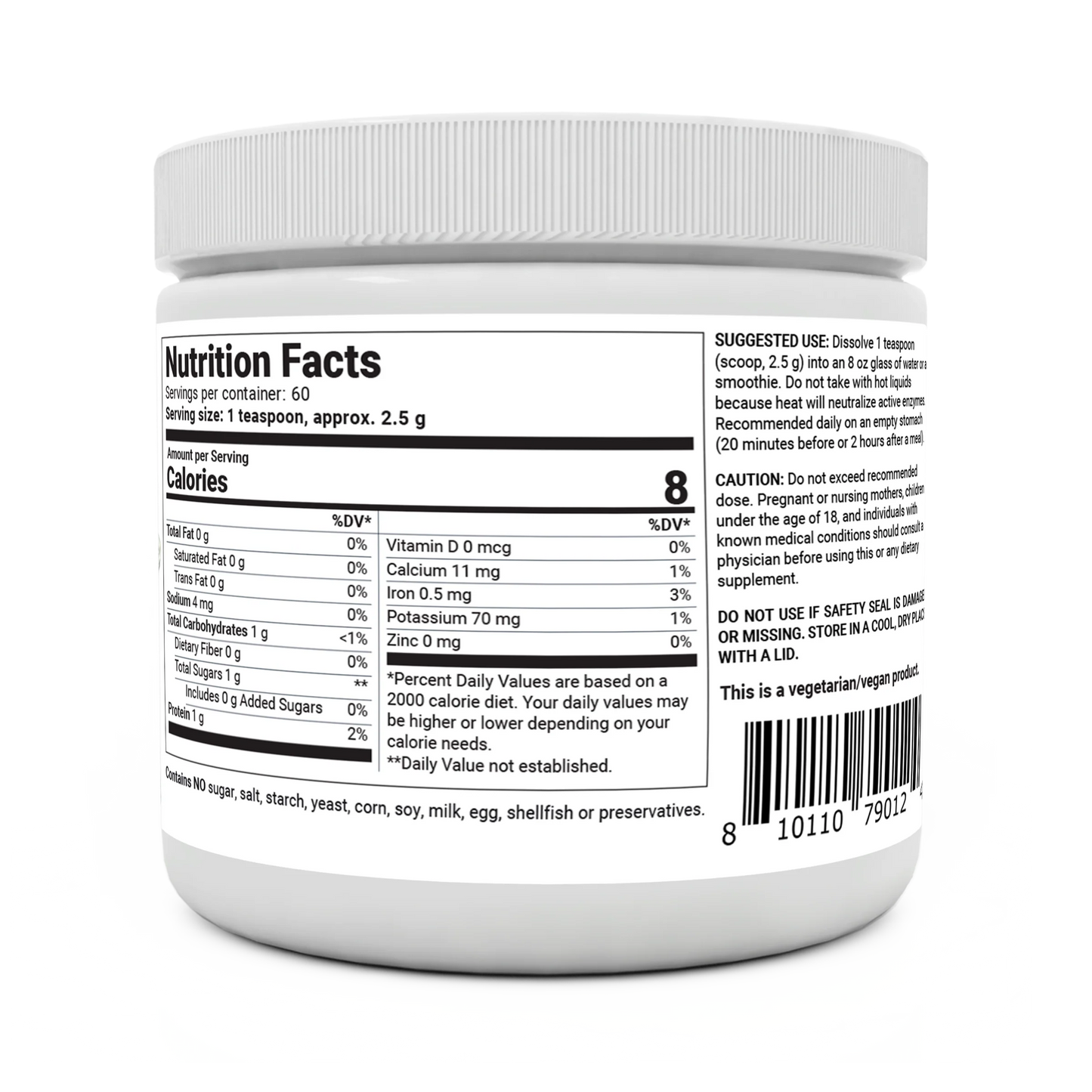 Raw Organic Wheatgrass Juice Powder bottle label, right side view, supplement facts and suggested use.