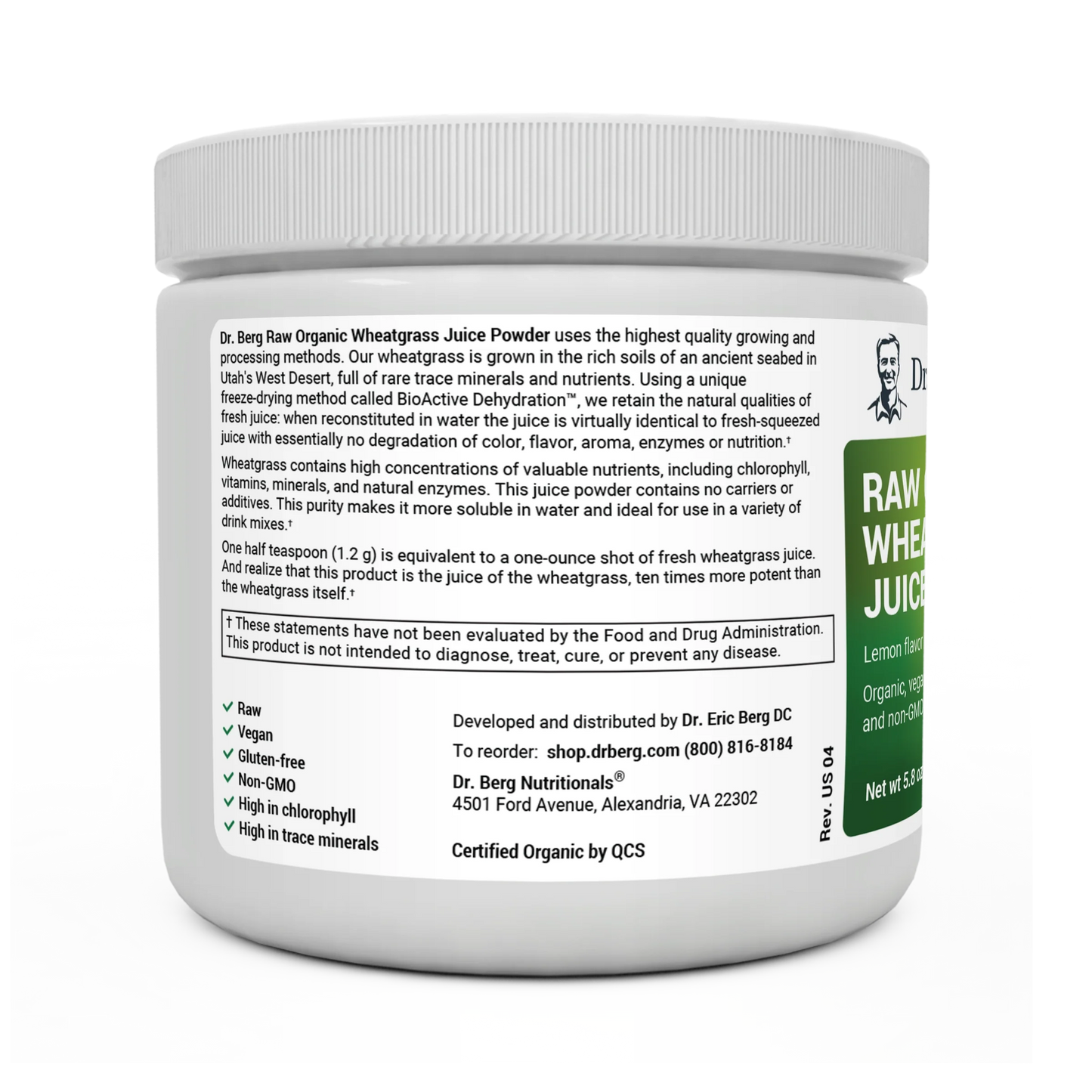 Raw Organic Wheatgrass Juice Powder Lemon Flavor bottle label, left side view, raw, vegan, gluten-free, Non-GMO, high in chlorophyll, high in trace minerals.
