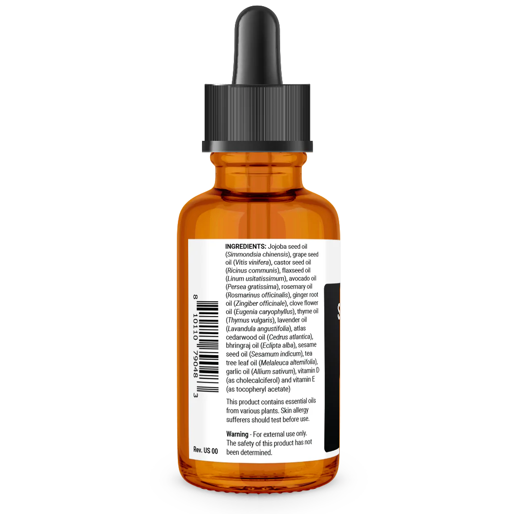 Scalp and Hair Serum bottle label, left side view, ingredient list, safety warnings.