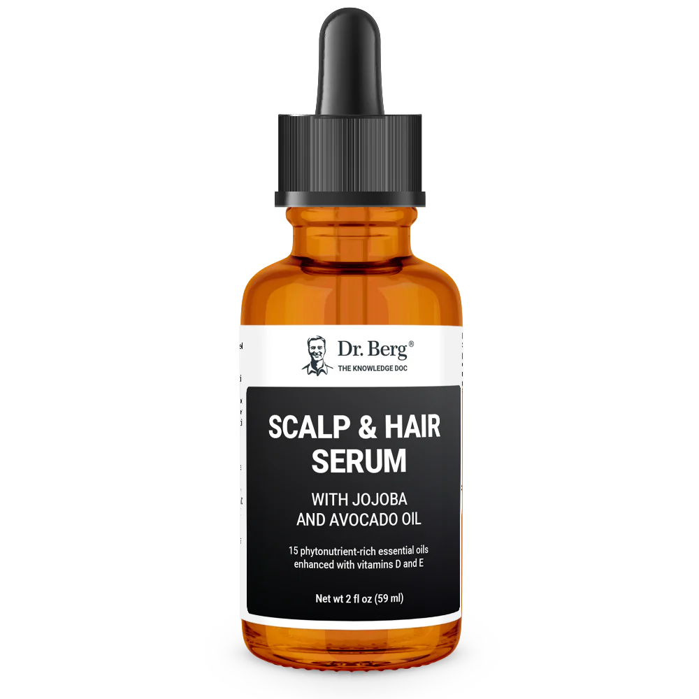 Scalp and Hair Serum with jojoba and avocado oil, 2 fluid ounces, front view, glass bottle with dropper, Dr. Berg branding.