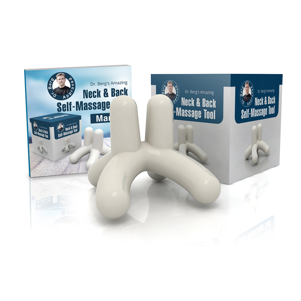 Dr. Berg's Neck and Back Self-Massage Tool with manual and package box. Tripod design, angled view, portable and versatile.