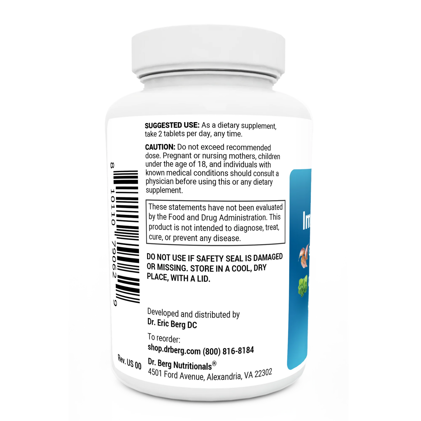 Emergency Immune Support bottle label, left side view, suggested use instructions, safety warning details.