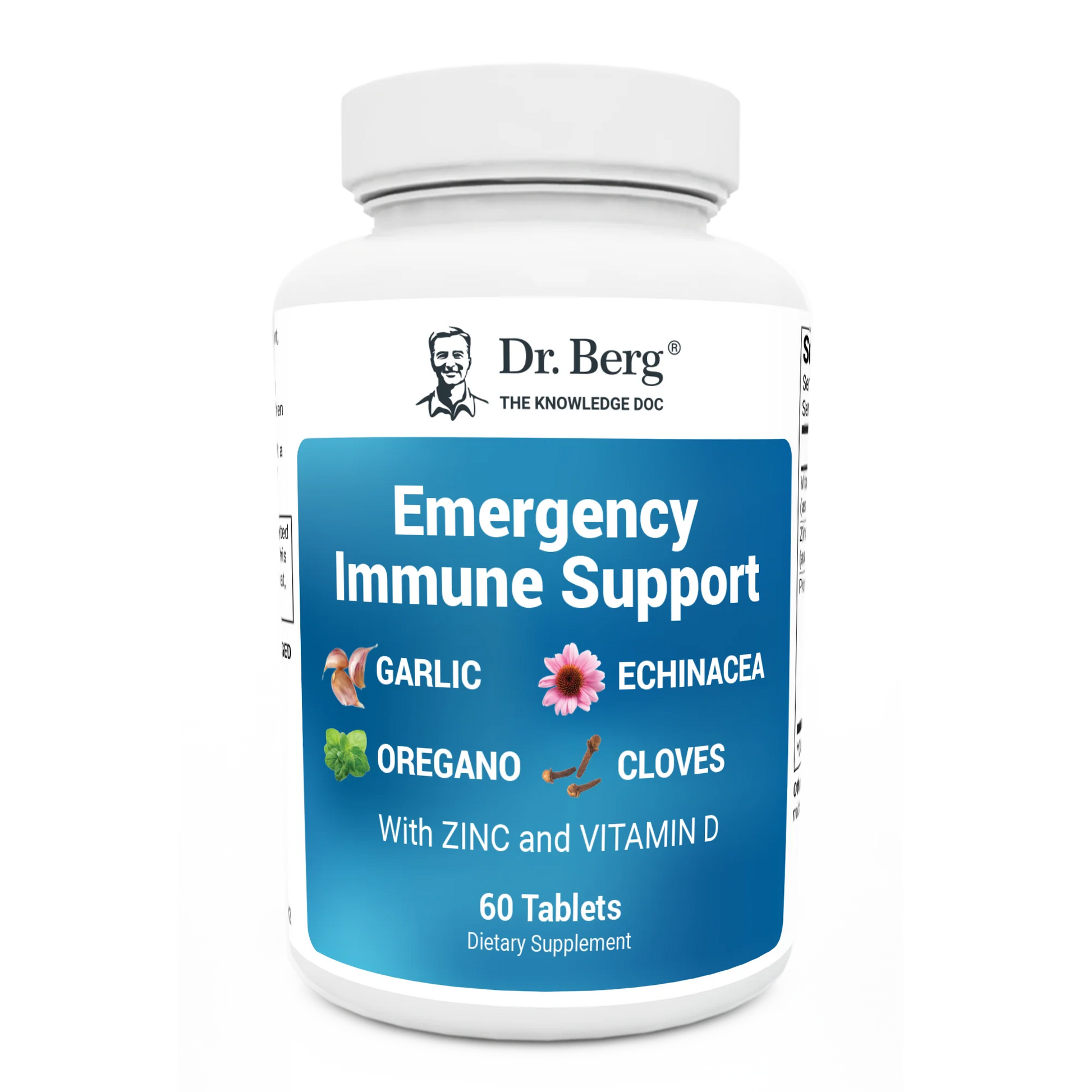 Emergency Immune Support: Garlic, Echinacea, Oregano, Cloves with Zinc and Vitamin D, 60 Tablets, front view, bottle with Dr. Berg branding.