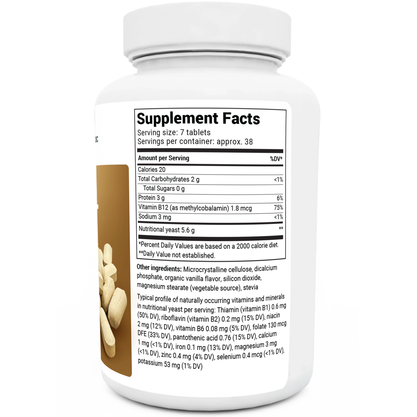 Nutritional Yeast Tablets bottle label, right side view, supplement facts.