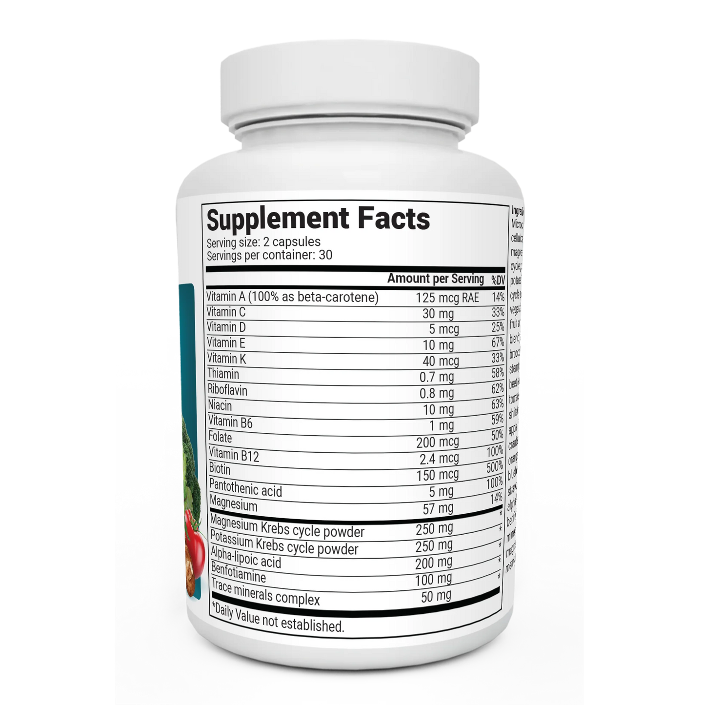 Whole Food Multivitamin bottle label, right side view, supplement facts.