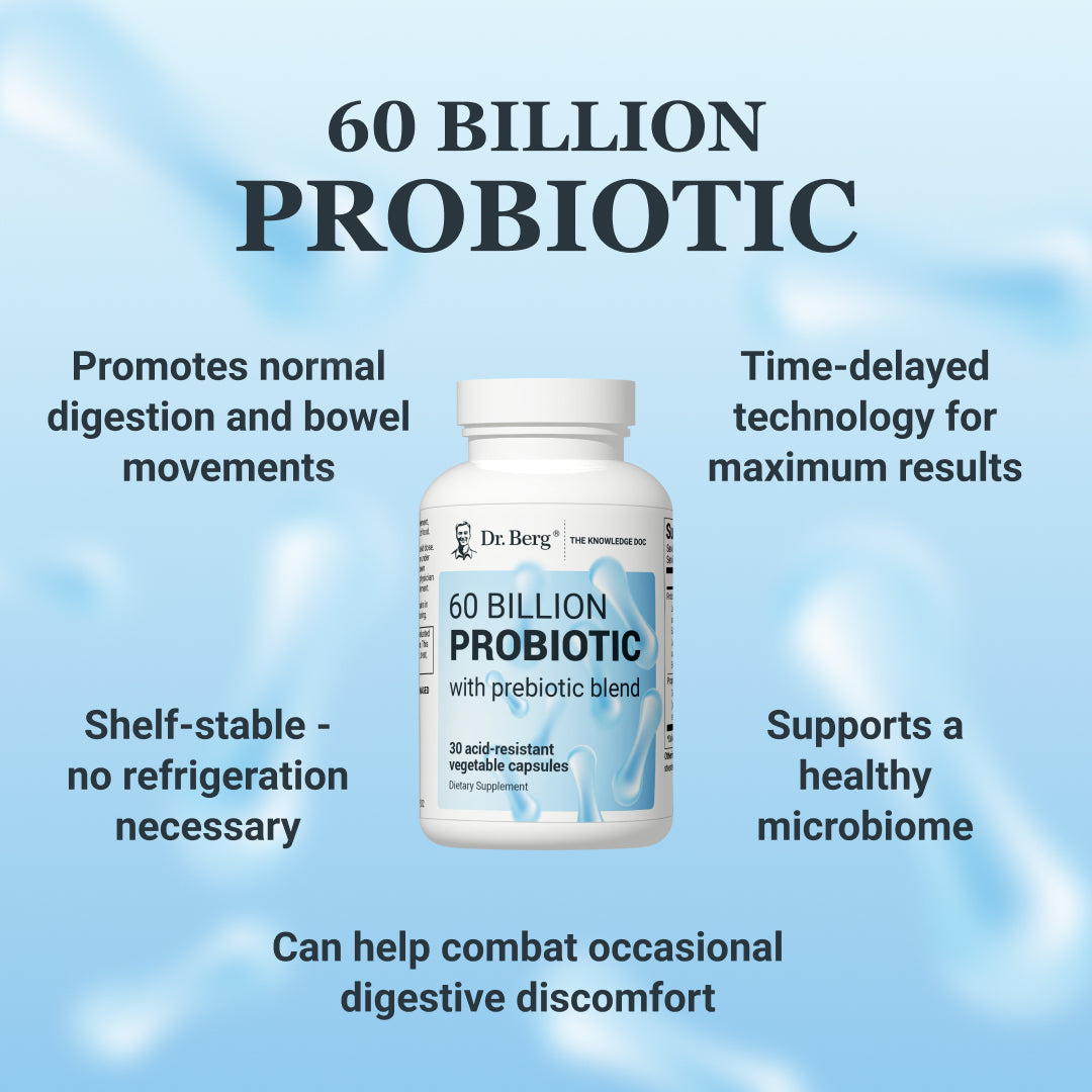 Infographic: 60 Billion Probiotic - Promotes normal digestion and bowel movements. Time-delayed technology for maximum results. Shelf-stable, no refrigeration necessary. Supports a healthy microbiome. Can help combat occasional digestive discomfort.