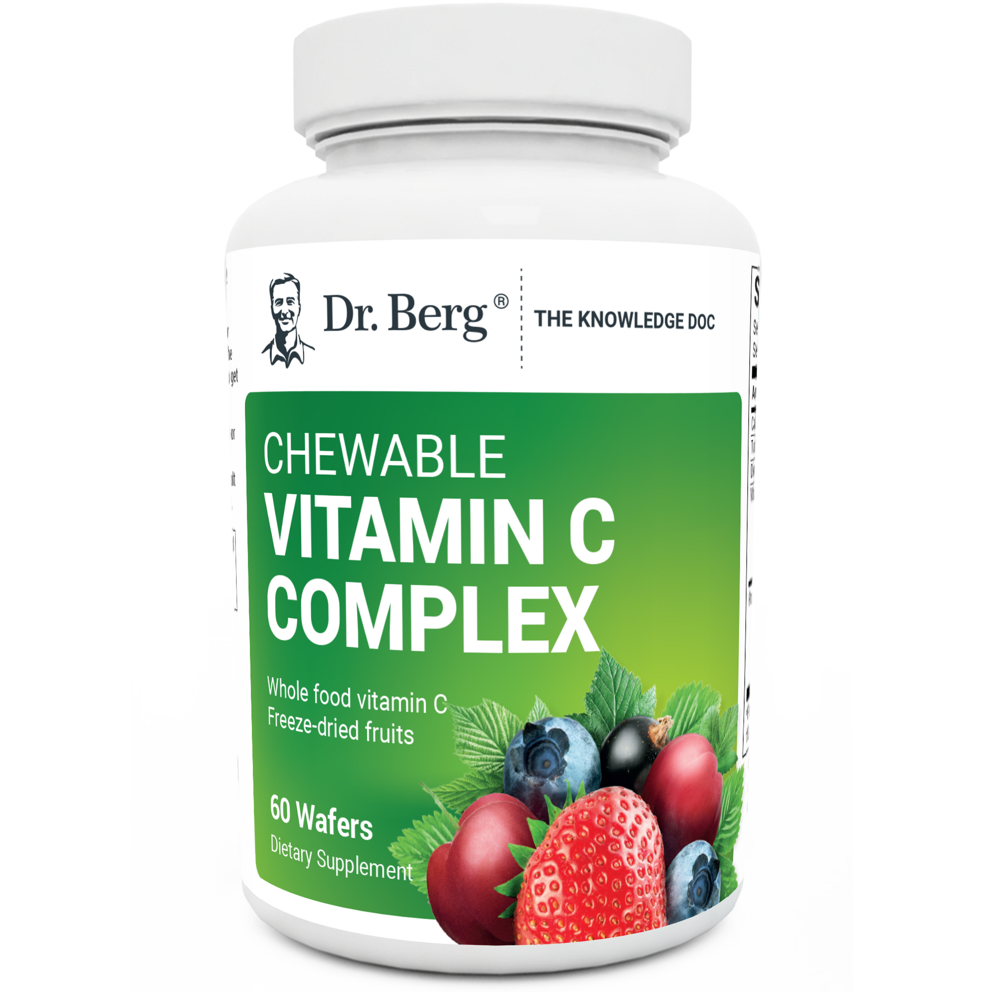 Chewable Vitamin C Complex, no added sugar, 60 wafers, front view, bottle with Dr. Berg branding and mixed berries on the cover.