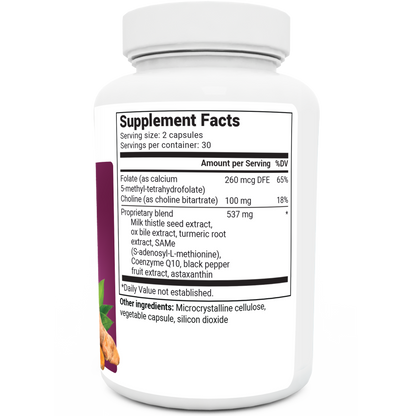 Liver Cleanse Detox Support bottle label, right side view, supplement facts. 