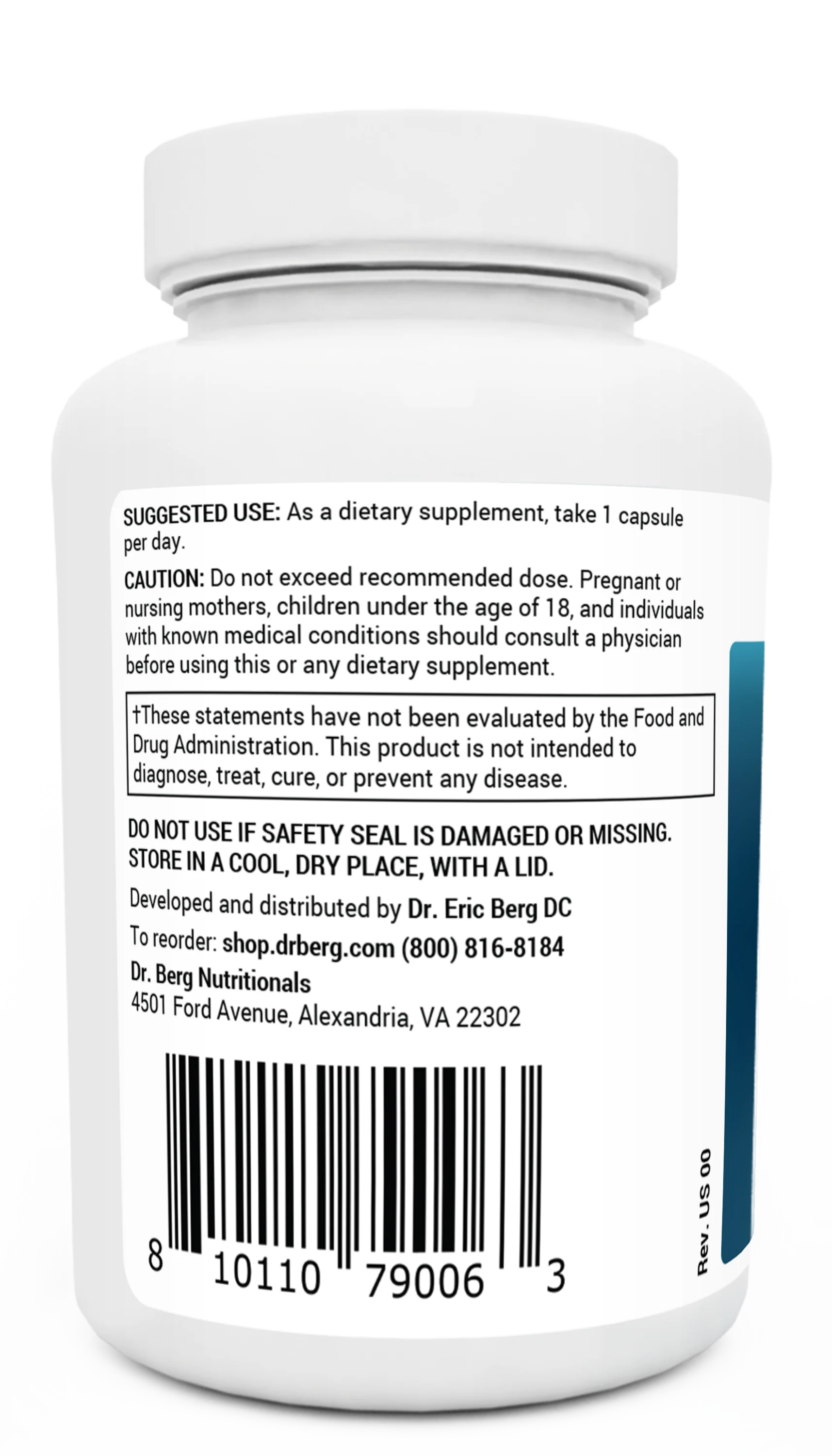 Adrenal and Cortisol Support bottle label, left side view, suggested use instructions, safety warning details.