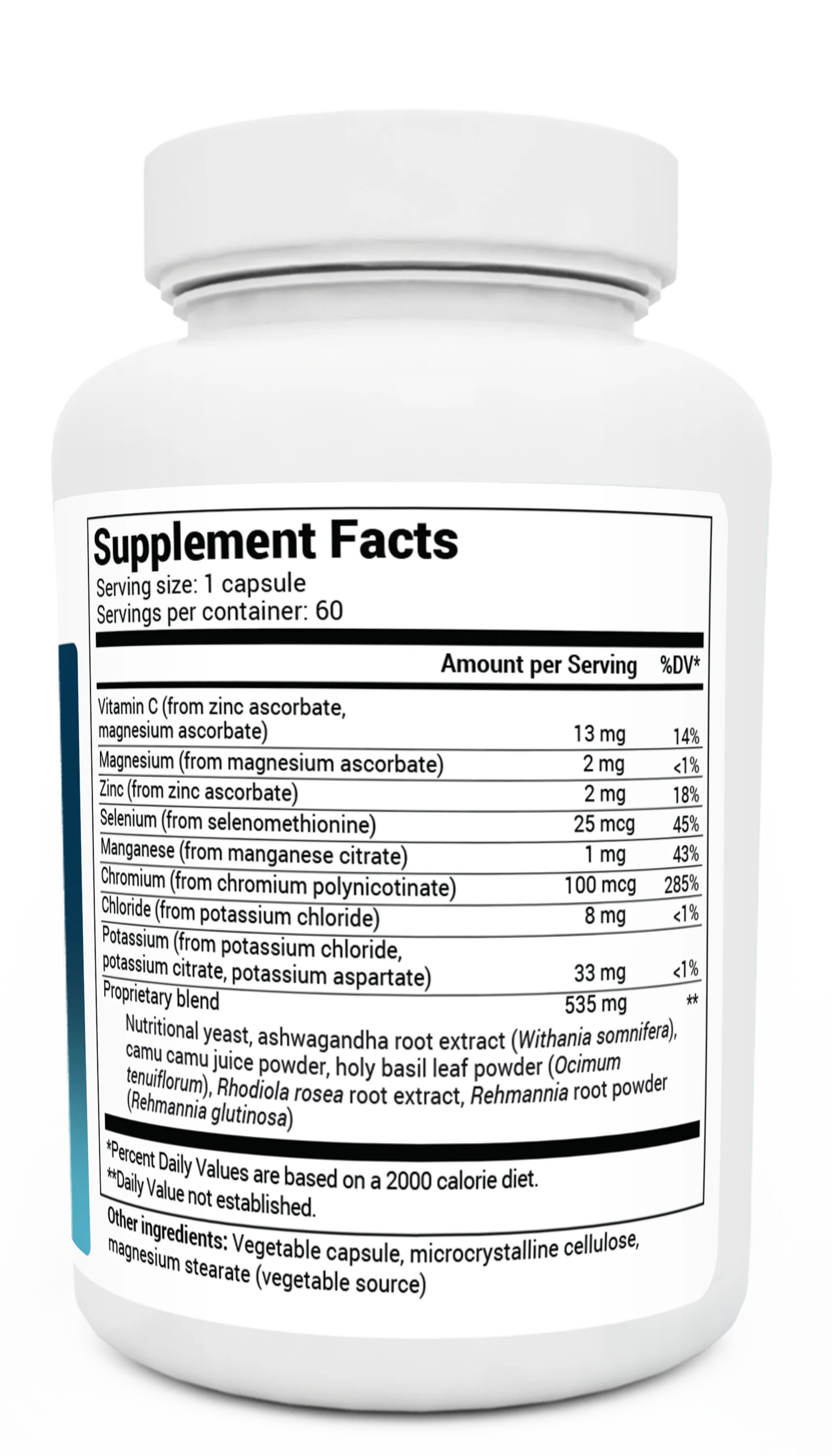 Adrenal and Cortisol Support bottle label, right side view, supplement facts. 