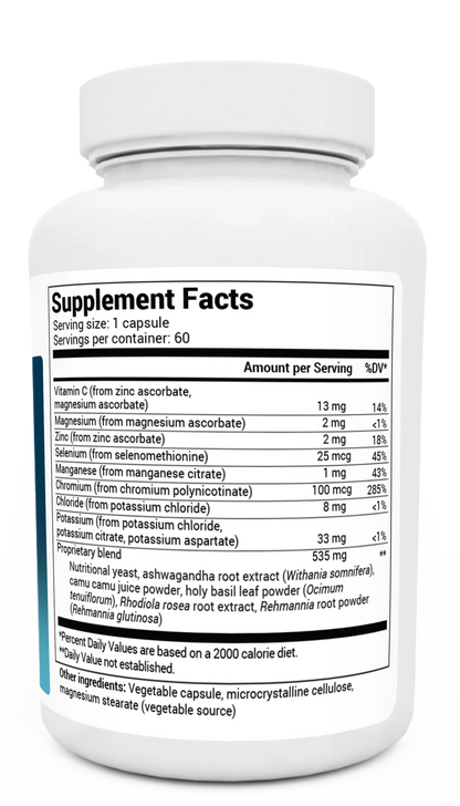 Adrenal and Cortisol Support bottle label, right side view, supplement facts. 