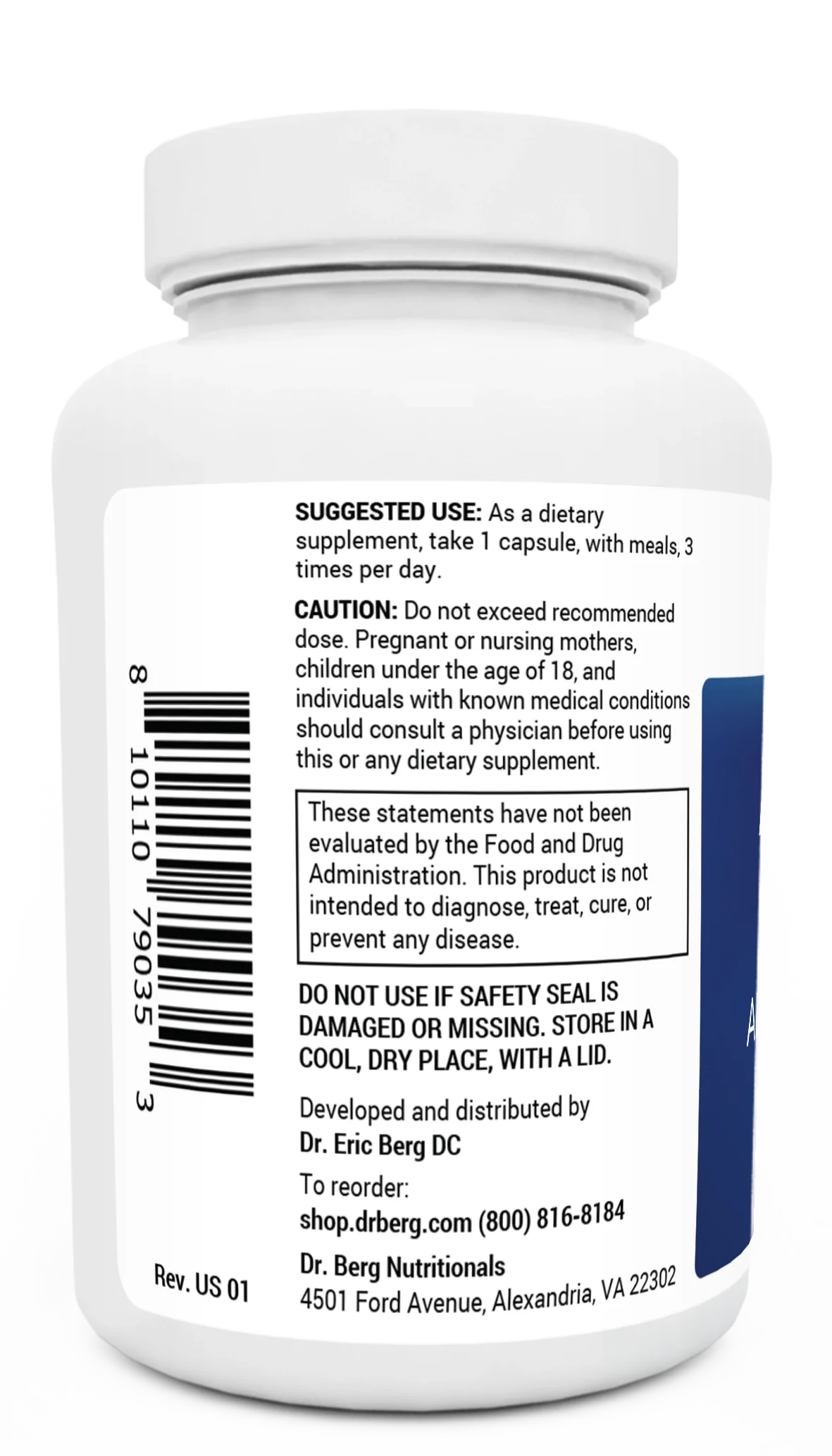 Adrenal Stress Advanced Formula bottle label, left side view, suggested use instructions, safety warning details.