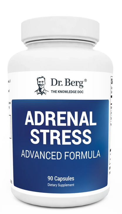 Adrenal Stress Advanced Formula, 90 capsules, front view, bottle with Dr. Berg branding.