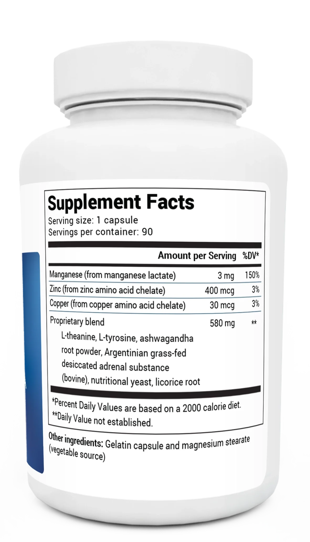 Adrenal Stress Advanced Formula bottle label, right side view, supplement facts. 