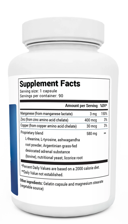 Adrenal Stress Advanced Formula bottle label, right side view, supplement facts. 