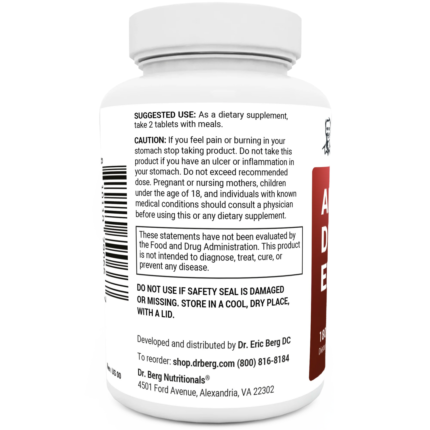 Advanced Digestive Enzymes bottle label, left side view, suggested use instructions, safety warning details.