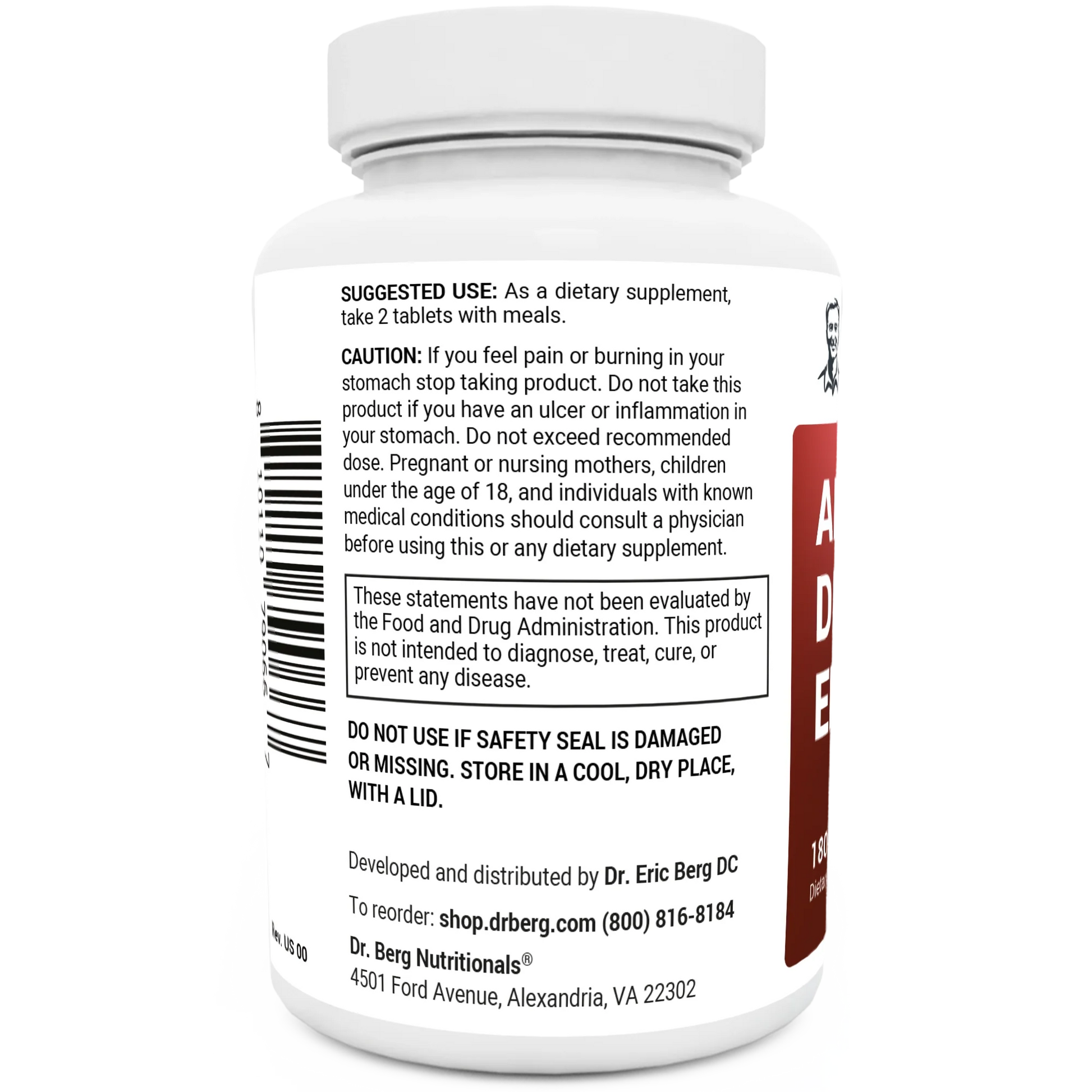 Advanced Digestive Enzymes bottle label, left side view, suggested use instructions, safety warning details.