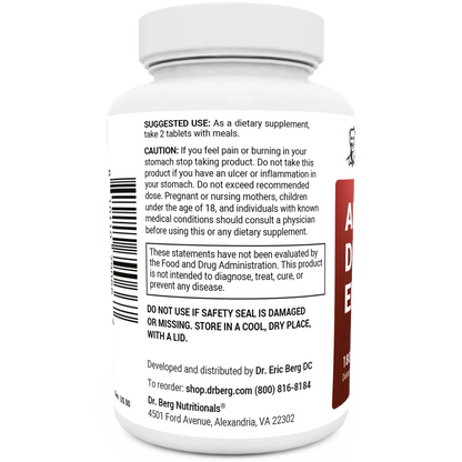 Advanced Digestive Enzymes bottle label, left side view, suggested use instructions, safety warning details.