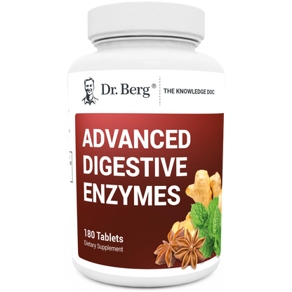 Advanced Digestive Enzymes, 180 tablets, front view, bottle with Dr. Berg branding, ginger roots, peppermint leaves, and anise plants on the cover.