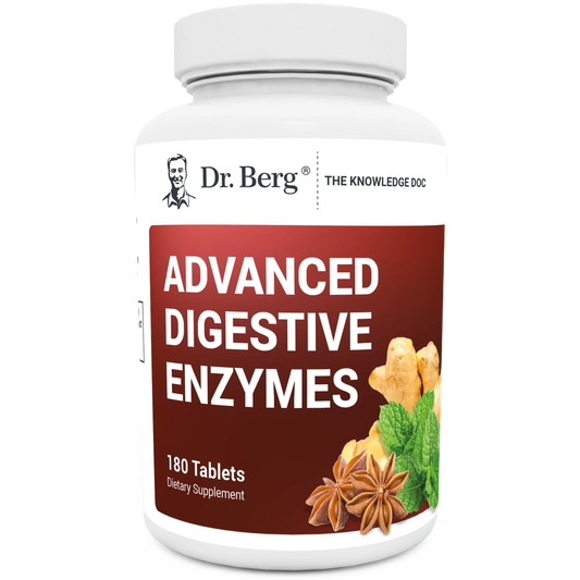 Advanced Digestive Enzymes, 180 tablets, front view, bottle with Dr. Berg branding, ginger roots, peppermint leaves, and anise plants on the cover.