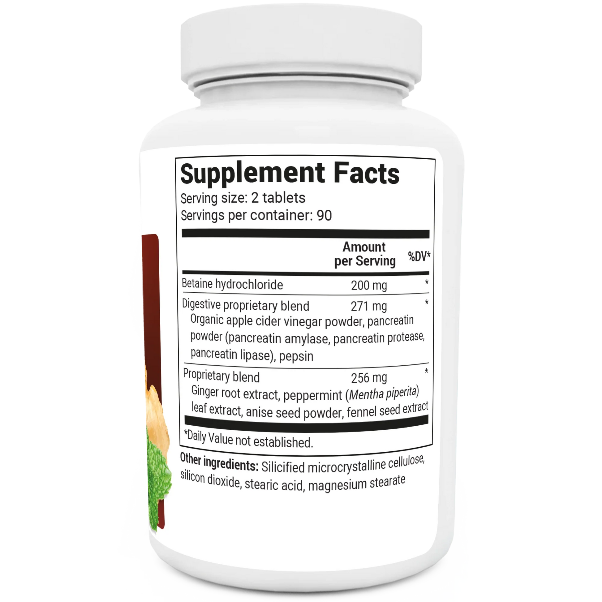 Advanced Digestive Enzymes bottle label, right side view, supplement facts. 