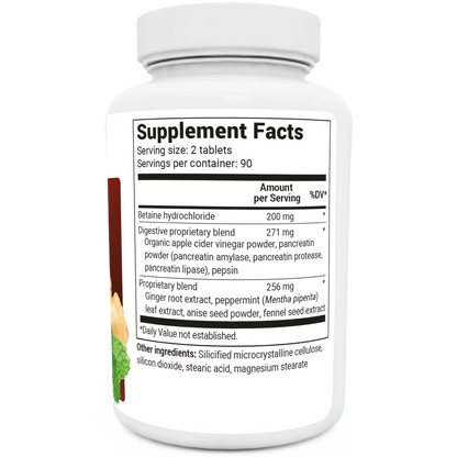 Advanced Digestive Enzymes bottle label, right side view, supplement facts. 