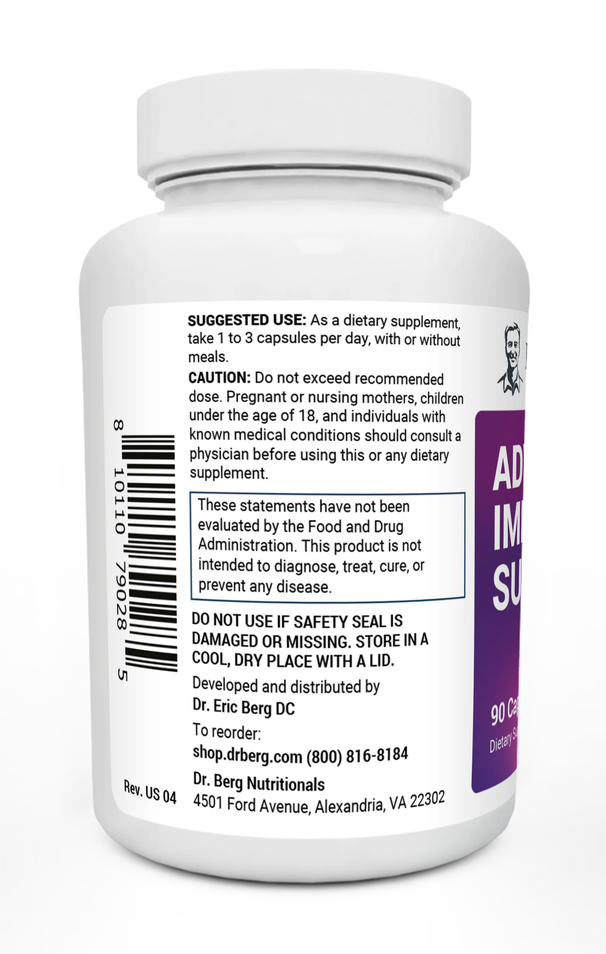 Advanced Immune Support bottle label, left side view, suggested use instructions, safety warning details. 